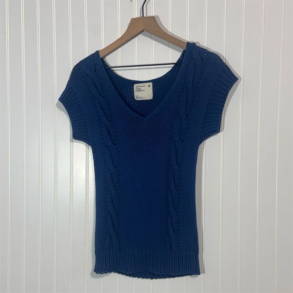 American Eagle Cable Knit Sweater Vest Top S Blue Cotton Short Sleeve Y2K 2009